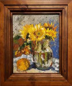 An oil painting of sunflowers in a vase