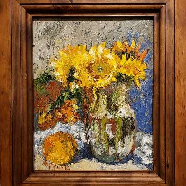 An oil painting of sunflowers in a vase